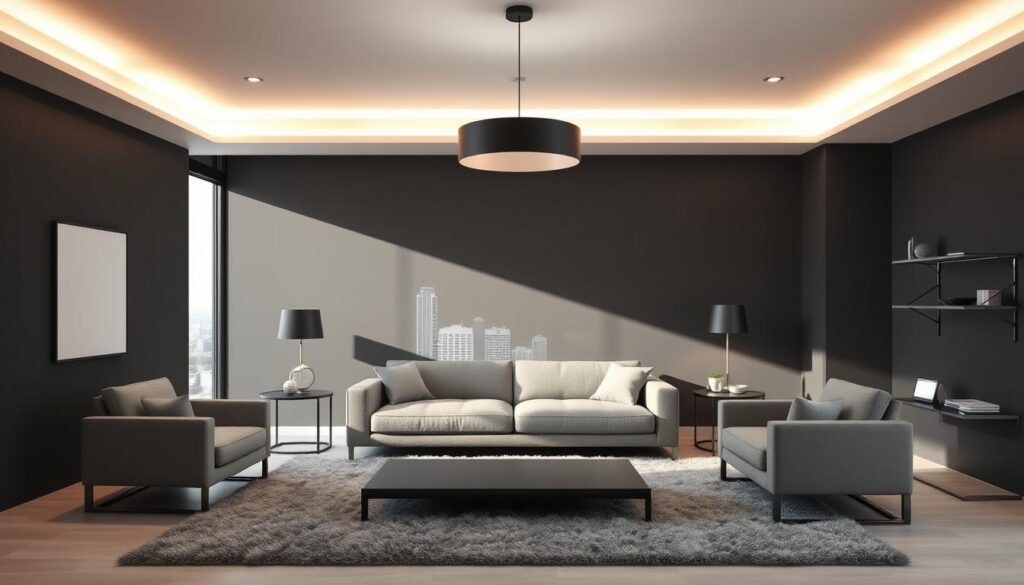 A modern, monochromatic living room with a sleek, minimalist design. The space is bathed in soft, diffused lighting from a large, pendant light fixture with a matte black finish, casting a warm, cozy glow across the room. The walls are painted in a deep, charcoal grey, creating a moody and sophisticated atmosphere. The focal point is a plush, grey sofa arranged in front of a large, floor-to-ceiling window that provides ample natural light and a view of the cityscape outside. Complementing the sofa are a pair of grey armchairs and a low, rectangular coffee table with a matte black frame. The room is finished with a lush, grey area rug and subtle, metallic accents throughout, including a side table and a minimalist, wall-mounted shelving unit. A modern, monochromatic living room with a sleek, minimalist design. The space is bathed in soft, diffused lighting from a large, pendant light fixture with a matte black finish, casting a warm, cozy glow across the room. The walls are painted in a deep, charcoal grey, creating a moody and sophisticated atmosphere. The focal point is a plush, grey sofa arranged in front of a large, floor-to-ceiling window that provides ample natural light and a view of the cityscape outside. Complementing the sofa are a pair of grey armchairs and a low, rectangular coffee table with a matte black frame. The room is finished with a lush, grey area rug and subtle, metallic accents throughout, including a side table and a minimalist, wall-mounted shelving unit.