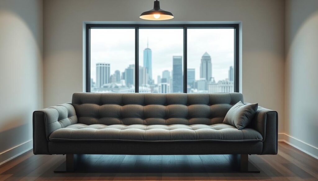 A modern, multifunctional gray sofa bed rests in a cozy, minimalist living room. The plush, tufted cushions invite relaxation, while the clean-lined frame and metal legs lend an industrial-chic aesthetic. Soft, indirect lighting from a single overhead pendant casts a warm glow, highlighting the fabric's subtle texture. In the background, a large window overlooking a city skyline creates a sense of urban tranquility. The sofa's convertible design seamlessly transitions from a comfortable seating area to a spacious sleeping surface, offering versatile functionality for small-space living. A modern, multifunctional gray sofa bed rests in a cozy, minimalist living room. The plush, tufted cushions invite relaxation, while the clean-lined frame and metal legs lend an industrial-chic aesthetic. Soft, indirect lighting from a single overhead pendant casts a warm glow, highlighting the fabric's subtle texture. In the background, a large window overlooking a city skyline creates a sense of urban tranquility. The sofa's convertible design seamlessly transitions from a comfortable seating area to a spacious sleeping surface, offering versatile functionality for small-space living.