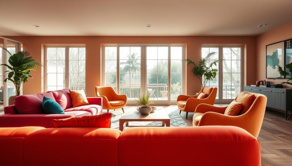 A modern, vibrant living room with a focal point of a plush, colorful sofa in the foreground. The sofa is flanked by a pair of unique, sculptural armchairs in contrasting hues. In the middle ground, a low, natural wood coffee table is surrounded by a lush indoor plant and a geometric area rug. The background features floor-to-ceiling windows that allow natural light to flood the space, creating a warm, inviting atmosphere. The walls are painted in a soft, earthy tone, complementing the eclectic mix of furniture and decor. Overall, the scene radiates a sense of contemporary, yet cozy, living. A modern, vibrant living room with a focal point of a plush, colorful sofa in the foreground. The sofa is flanked by a pair of unique, sculptural armchairs in contrasting hues. In the middle ground, a low, natural wood coffee table is surrounded by a lush indoor plant and a geometric area rug. The background features floor-to-ceiling windows that allow natural light to flood the space, creating a warm, inviting atmosphere. The walls are painted in a soft, earthy tone, complementing the eclectic mix of furniture and decor. Overall, the scene radiates a sense of contemporary, yet cozy, living.