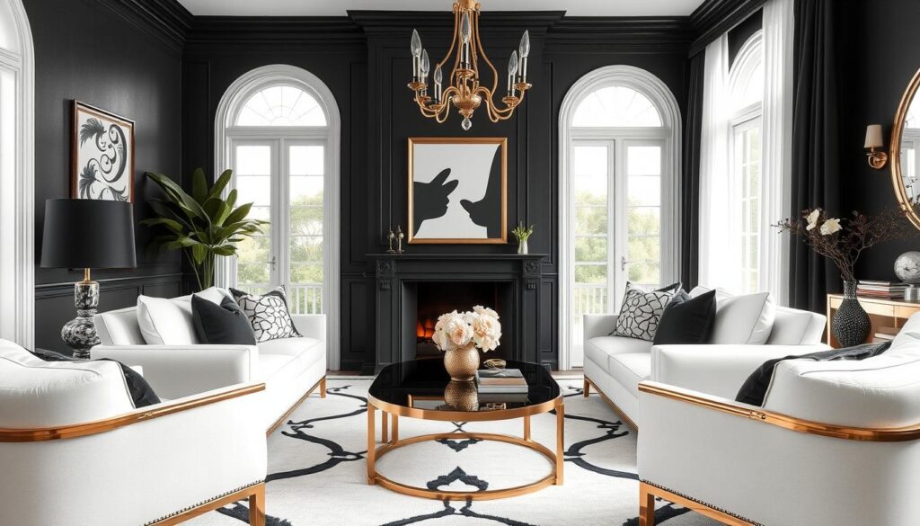 A monochrome living room bathed in soft, natural light streams through large windows, casting gentle shadows across the minimalist, yet elegant design. The room features a plush, monochromatic sofa, complemented by sleek, angular chairs in shades of black and white. A striking, geometric area rug anchors the space, while a modern, sculptural coffee table takes center stage. Understated, yet captivating wall decor, such as abstract art or a large mirror, adds depth and visual interest. The overall atmosphere exudes a timeless, sophisticated ambiance, showcasing the enduring appeal of a black and white color palette in interior design.