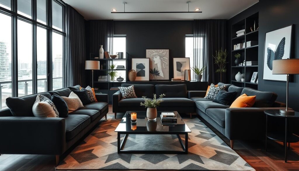 A sleek and modern black living room with elegant yet cozy atmosphere. The room features a large, plush black sectional sofa with accent pillows in contrasting textures and patterns. A mid-century modern coffee table with a glass top sits atop a geometric patterned rug. Bookshelves along the wall are accented with artful decor pieces, potted plants, and warm lighting from minimalist lamps. Large windows allow natural light to flood the space, while contemporary black curtains frame the view. The overall mood is sophisticated, inviting, and reflective of a stylish, urban aesthetic.
