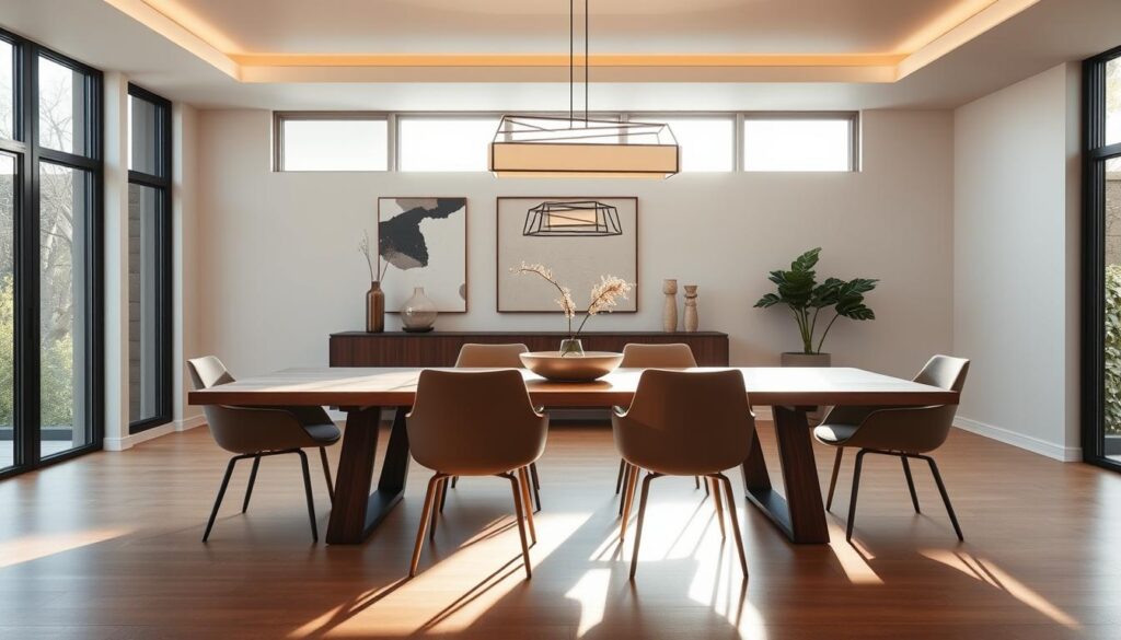 A sleek and modern dining room with a stylish wooden dining table, surrounded by contemporary chairs in muted tones. The room is bathed in warm, natural lighting from large windows, casting a cozy ambiance. Minimalist wall decor, such as abstract art or a large mirror, adds visual interest. The space is complemented by a modern light fixture hanging overhead, creating a focal point. The overall aesthetic is sophisticated, elegant, and tailored to showcase innovative dining table shapes and sizes. A sleek and modern dining room with a stylish wooden dining table, surrounded by contemporary chairs in muted tones. The room is bathed in warm, natural lighting from large windows, casting a cozy ambiance. Minimalist wall decor, such as abstract art or a large mirror, adds visual interest. The space is complemented by a modern light fixture hanging overhead, creating a focal point. The overall aesthetic is sophisticated, elegant, and tailored to showcase innovative dining table shapes and sizes.