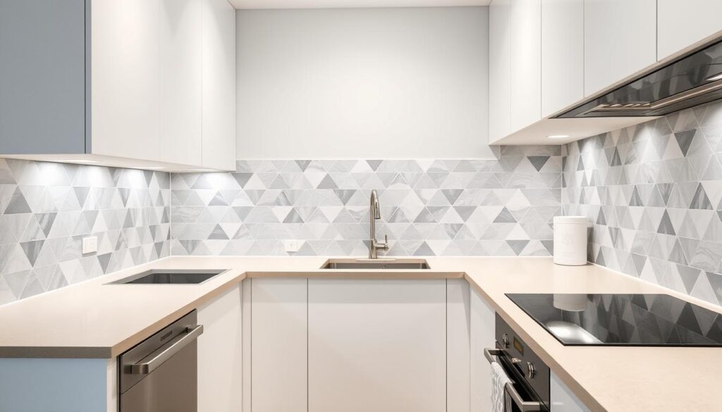 A sleek and modern kitchen with a stunning backsplash that transforms the space. The backsplash features a geometric pattern in shades of gray and white, creating a chic and sophisticated look. The lighting is soft and diffused, casting a warm glow over the kitchen. The countertops are a light, natural stone, complementing the backsplash and creating a cohesive, minimalist design. The cabinets are a crisp white, adding to the bright and airy feel of the room. The angle showcases the backsplash as the focal point, highlighting its beauty and showcasing how it can elevate a small kitchen. A sleek and modern kitchen with a stunning backsplash that transforms the space. The backsplash features a geometric pattern in shades of gray and white, creating a chic and sophisticated look. The lighting is soft and diffused, casting a warm glow over the kitchen. The countertops are a light, natural stone, complementing the backsplash and creating a cohesive, minimalist design. The cabinets are a crisp white, adding to the bright and airy feel of the room. The angle showcases the backsplash as the focal point, highlighting its beauty and showcasing how it can elevate a small kitchen.