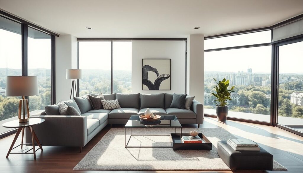 A sleek and modern living room with a minimalist aesthetic. A large, plush gray sectional sofa takes center stage, accented by a glass-top coffee table and a stylish area rug. The room is flooded with natural light, streaming in through floor-to-ceiling windows that offer a panoramic view of a lush, urban landscape. Mid-century modern inspired lamps and a statement artwork on the wall create a cohesive, stylish ambiance. Carefully curated accessories, such as a large potted plant, a decorative tray, and a few artfully placed books, add the perfect finishing touches to this chic and inviting space. A sleek and modern living room with a minimalist aesthetic. A large, plush gray sectional sofa takes center stage, accented by a glass-top coffee table and a stylish area rug. The room is flooded with natural light, streaming in through floor-to-ceiling windows that offer a panoramic view of a lush, urban landscape. Mid-century modern inspired lamps and a statement artwork on the wall create a cohesive, stylish ambiance. Carefully curated accessories, such as a large potted plant, a decorative tray, and a few artfully placed books, add the perfect finishing touches to this chic and inviting space.