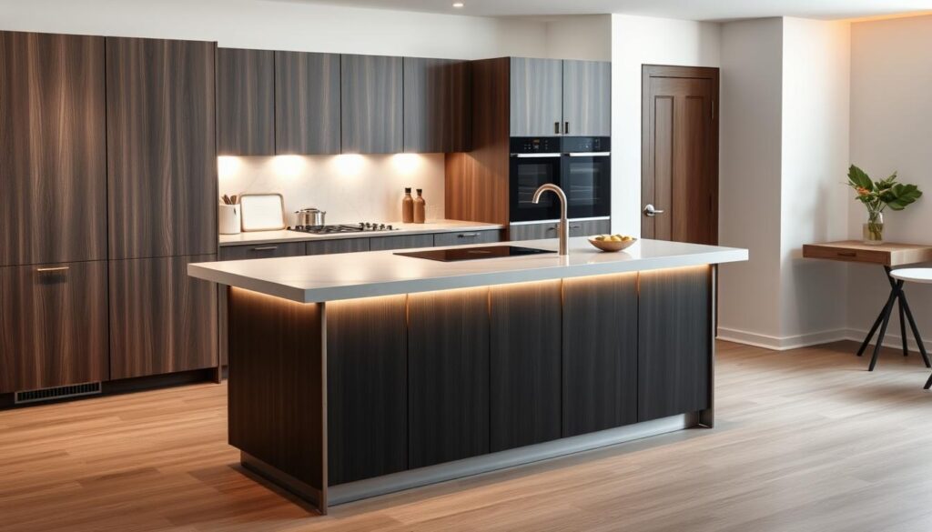 A sleek and modern small kitchen island design, showcasing clean lines, a minimalist aesthetic, and a harmonious blend of materials. The island features a smooth, quartz or marble-like countertop in a light, neutral tone, complemented by a sturdy, wooden or metallic base in a matte black or brushed steel finish. Soft, dimmable task lighting illuminates the work surface, creating a warm and inviting ambiance. The island is positioned in the center of the kitchen, surrounded by contemporary cabinetry and appliances, allowing for efficient workflow and ample storage. The overall scene exudes a sense of sophistication and functionality, perfectly suited for a modern, space-conscious kitchen. A sleek and modern small kitchen island design, showcasing clean lines, a minimalist aesthetic, and a harmonious blend of materials. The island features a smooth, quartz or marble-like countertop in a light, neutral tone, complemented by a sturdy, wooden or metallic base in a matte black or brushed steel finish. Soft, dimmable task lighting illuminates the work surface, creating a warm and inviting ambiance. The island is positioned in the center of the kitchen, surrounded by contemporary cabinetry and appliances, allowing for efficient workflow and ample storage. The overall scene exudes a sense of sophistication and functionality, perfectly suited for a modern, space-conscious kitchen.