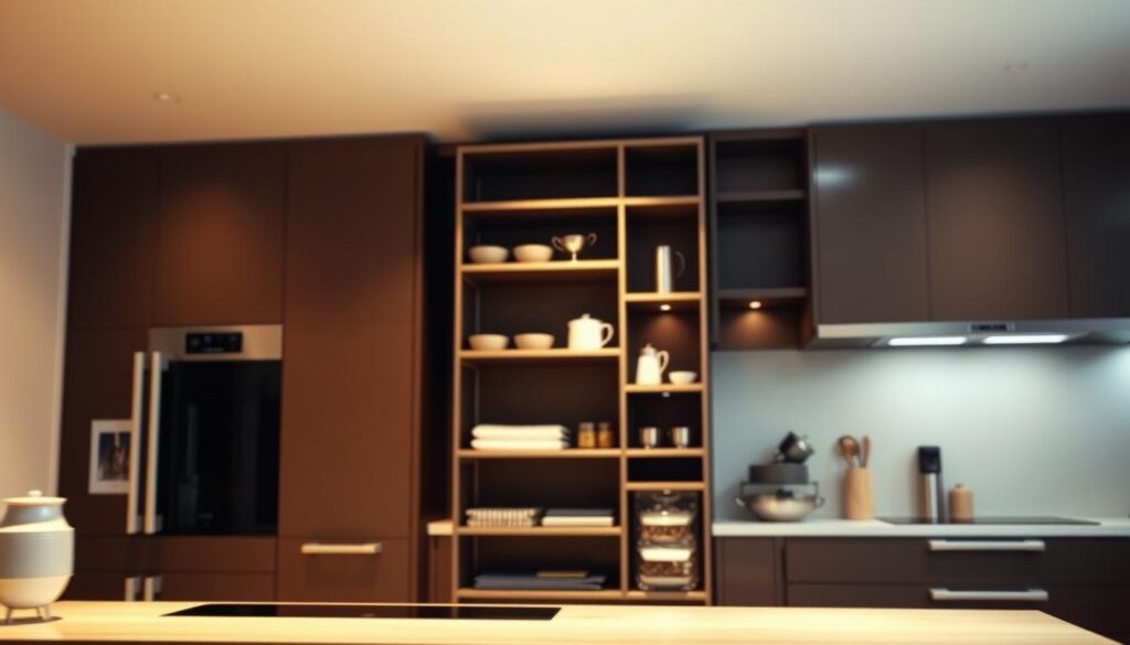 A sleek, contemporary vertical storage unit stands prominently in a modern kitchen. The unit features multiple shelves and compartments, expertly arranged to maximize available space. Soft, warm lighting illuminates the unit, casting gentle shadows that accentuate its clean lines and minimalist design. The background blurs softly, allowing the storage solution to take center stage. The overall atmosphere conveys a sense of efficient organization and a sophisticated, clutter-free aesthetic, perfectly suited for a small kitchen space. A sleek, contemporary vertical storage unit stands prominently in a modern kitchen. The unit features multiple shelves and compartments, expertly arranged to maximize available space. Soft, warm lighting illuminates the unit, casting gentle shadows that accentuate its clean lines and minimalist design. The background blurs softly, allowing the storage solution to take center stage. The overall atmosphere conveys a sense of efficient organization and a sophisticated, clutter-free aesthetic, perfectly suited for a small kitchen space.