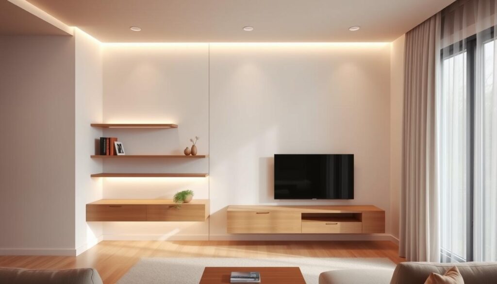 A sleek, minimalist TV wall design for a small living room, featuring a floating media console in a warm-toned wood finish. The TV is mounted flush against the wall, surrounded by subtle shelving units that maximize vertical space. Soft, indirect lighting from concealed LED strips creates a cozy, inviting ambiance. The room is bathed in a natural, diffused light from a large window, complementing the clean, Scandinavian-inspired aesthetic. The overall design seamlessly integrates the TV into the living space, creating a harmonious and visually appealing focal point. A sleek, minimalist TV wall design for a small living room, featuring a floating media console in a warm-toned wood finish. The TV is mounted flush against the wall, surrounded by subtle shelving units that maximize vertical space. Soft, indirect lighting from concealed LED strips creates a cozy, inviting ambiance. The room is bathed in a natural, diffused light from a large window, complementing the clean, Scandinavian-inspired aesthetic. The overall design seamlessly integrates the TV into the living space, creating a harmonious and visually appealing focal point.