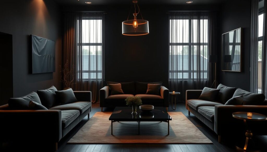 A sleek, minimalist dark living room with a modern, elegant aesthetic. The room is bathed in warm, dramatic lighting, casting a cozy glow throughout the space. Plush, charcoal-colored velvet furnishings take center stage, complemented by a low-profile, ebony-toned coffee table. The walls are painted in a deep, sophisticated hue, creating a moody, inviting ambiance. Subtle metallic accents, such as a gleaming pendant light and side table, add a touch of glamour. Large windows let in just enough natural light to balance the darkness, while sheer curtains diffuse the glow. The overall impression is one of refined sophistication and quiet contemplation. A sleek, minimalist dark living room with a modern, elegant aesthetic. The room is bathed in warm, dramatic lighting, casting a cozy glow throughout the space. Plush, charcoal-colored velvet furnishings take center stage, complemented by a low-profile, ebony-toned coffee table. The walls are painted in a deep, sophisticated hue, creating a moody, inviting ambiance. Subtle metallic accents, such as a gleaming pendant light and side table, add a touch of glamour. Large windows let in just enough natural light to balance the darkness, while sheer curtains diffuse the glow. The overall impression is one of refined sophistication and quiet contemplation.