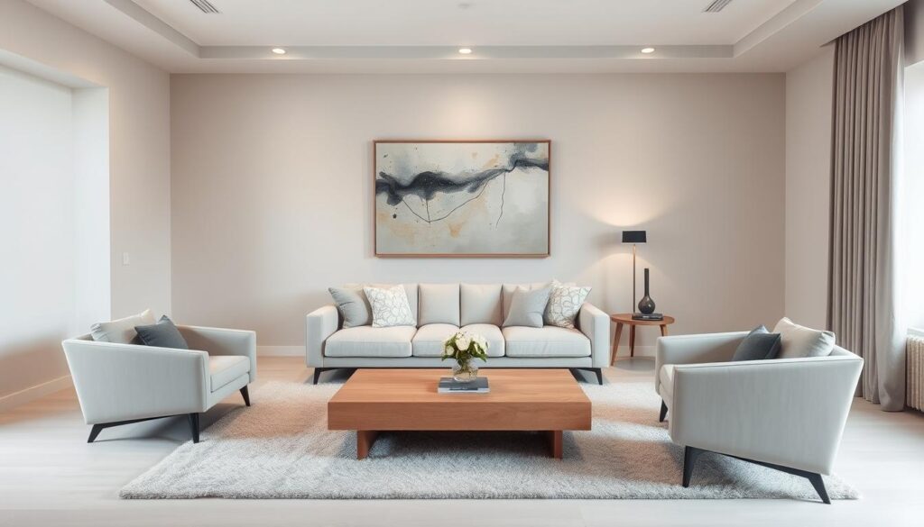 A sleek, minimalist living room with clean lines and a soothing color palette. A large, comfy sofa takes center stage, flanked by a low, natural wood coffee table and a pair of modern, angular armchairs. The walls are painted in a soft, neutral tone, with a single, oversized abstract artwork providing a focal point. Subtle lighting, such as recessed ceiling fixtures and a discreet floor lamp, create a warm, inviting ambiance. The room is arranged to maximize functionality and flow, with ample space for movement and a sense of openness. Soft, textured throw pillows and a plush area rug add tactile interest, while the overall design exudes a harmonious, multifunctional aesthetic.