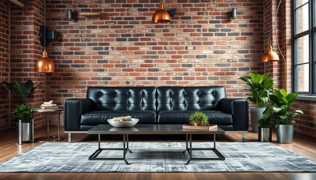 A sleek, modern black sofa takes center stage in an industrial-chic living room. Soft, diffused lighting from overhead fixtures casts a warm glow, highlighting the sofa's clean lines and plush, tufted upholstery. The sofa is flanked by exposed brick walls, creating a striking contrast between the smooth, dark leather and the rough, textured masonry. A mix of metallic accents, such as a steel coffee table and copper pendant lamps, lend an edgy, urban vibe to the space. Lush, verdant plants in minimalist planters add a touch of nature, while a large, distressed area rug grounds the composition and ties the room together. The overall aesthetic is a harmonious blend of modern and industrial elements, creating a cozy yet stylish living environment. A sleek, modern black sofa takes center stage in an industrial-chic living room. Soft, diffused lighting from overhead fixtures casts a warm glow, highlighting the sofa's clean lines and plush, tufted upholstery. The sofa is flanked by exposed brick walls, creating a striking contrast between the smooth, dark leather and the rough, textured masonry. A mix of metallic accents, such as a steel coffee table and copper pendant lamps, lend an edgy, urban vibe to the space. Lush, verdant plants in minimalist planters add a touch of nature, while a large, distressed area rug grounds the composition and ties the room together. The overall aesthetic is a harmonious blend of modern and industrial elements, creating a cozy yet stylish living environment.