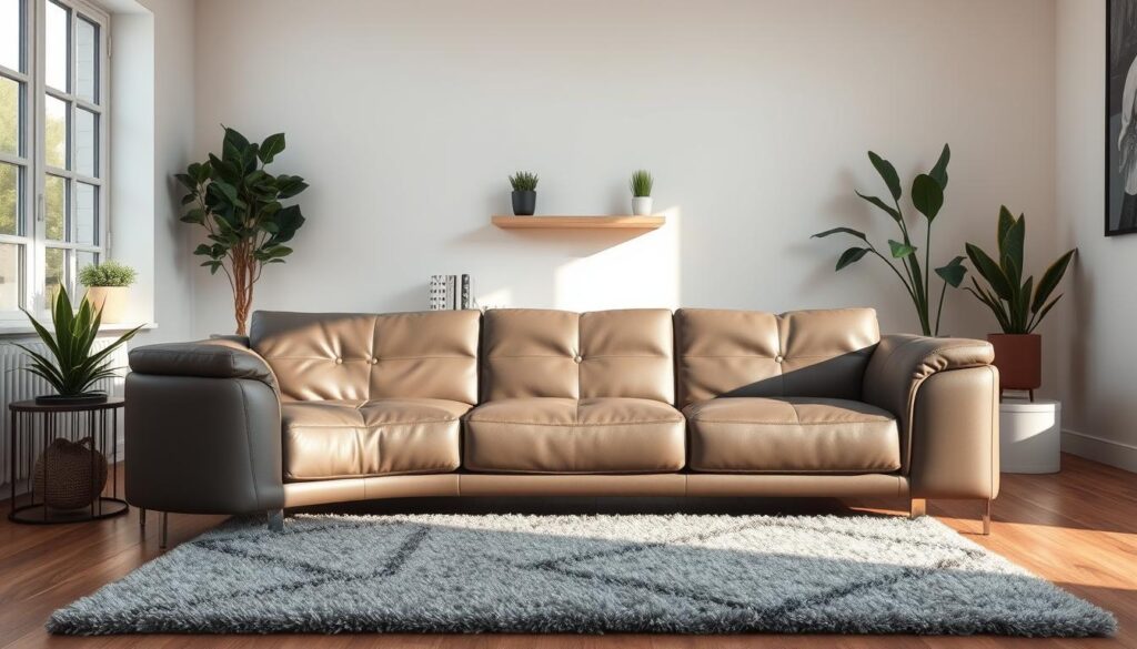 A sleek, modern gray leather couch is the centerpiece of this cozy living room scene. The couch is positioned in the foreground, its smooth, supple leather surface reflecting the warm, directional lighting from overhead. In the middle ground, a plush gray area rug complements the couch, creating a cohesive color palette. The background is filled with clean, minimalist decor - a few potted plants, a simple wall-mounted shelf, and large windows that let in an abundance of natural light, giving the space an airy, sophisticated ambiance. The overall mood is one of effortless, understated elegance - a stylish, practical solution for a small living room. A sleek, modern gray leather couch is the centerpiece of this cozy living room scene. The couch is positioned in the foreground, its smooth, supple leather surface reflecting the warm, directional lighting from overhead. In the middle ground, a plush gray area rug complements the couch, creating a cohesive color palette. The background is filled with clean, minimalist decor - a few potted plants, a simple wall-mounted shelf, and large windows that let in an abundance of natural light, giving the space an airy, sophisticated ambiance. The overall mood is one of effortless, understated elegance - a stylish, practical solution for a small living room.