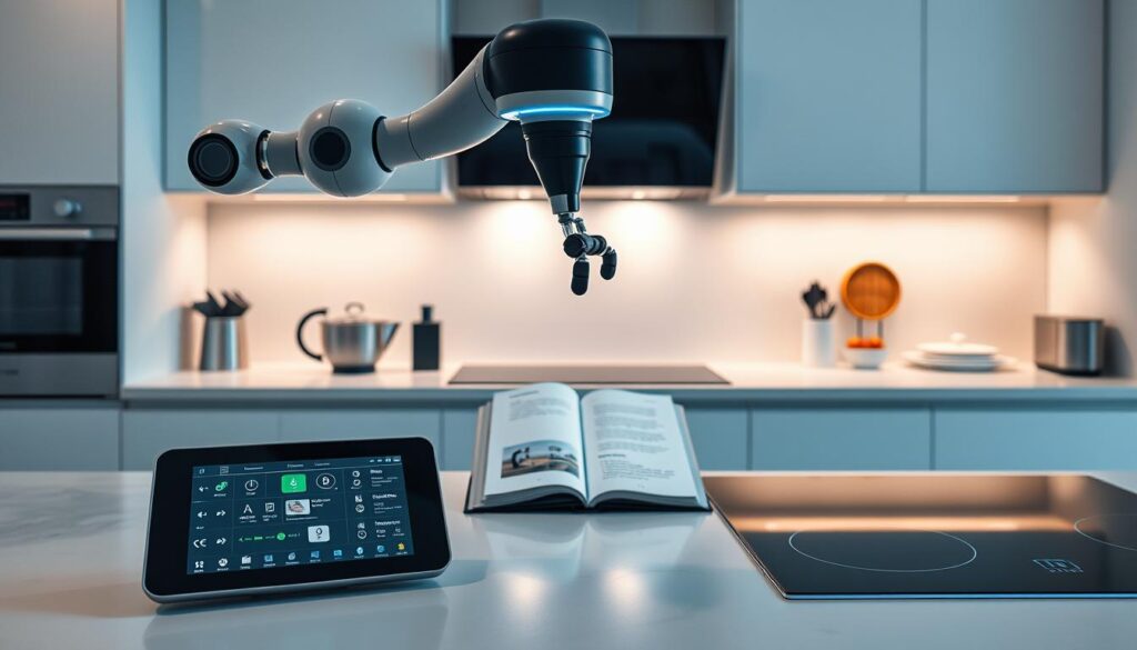 A sleek, modern kitchen counter showcasing an array of smart appliances and gadgets. In the foreground, a stylish touchscreen display controls various cooking settings and smart home functions. Hovering above, a cutting-edge robotic arm effortlessly measures and mixes ingredients. In the middle ground, a digital recipe book displays step-by-step instructions on a high-resolution screen. The background features a minimalist backsplash and state-of-the-art induction cooktop that responds to voice commands. Soft, diffused lighting creates a warm, futuristic ambiance, while the overall scene conveys a sense of seamless, efficient kitchen technology.