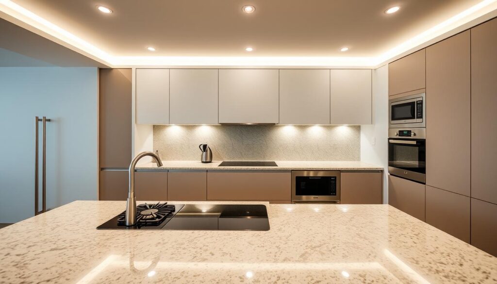 A sleek, modern kitchen island with a variety of built-in appliances. The island's smooth, granite countertop is complemented by a stainless steel sink, a compact gas stove, and an integrated microwave. Soft, indirect lighting from recessed ceiling fixtures creates a warm, inviting atmosphere. The island is positioned in the center of the kitchen, with ample space for meal preparation and casual dining. The minimalist design and strategic placement of the appliances maximize the available space, making this kitchen island a functional and stylish focal point. A sleek, modern kitchen island with a variety of built-in appliances. The island's smooth, granite countertop is complemented by a stainless steel sink, a compact gas stove, and an integrated microwave. Soft, indirect lighting from recessed ceiling fixtures creates a warm, inviting atmosphere. The island is positioned in the center of the kitchen, with ample space for meal preparation and casual dining. The minimalist design and strategic placement of the appliances maximize the available space, making this kitchen island a functional and stylish focal point.