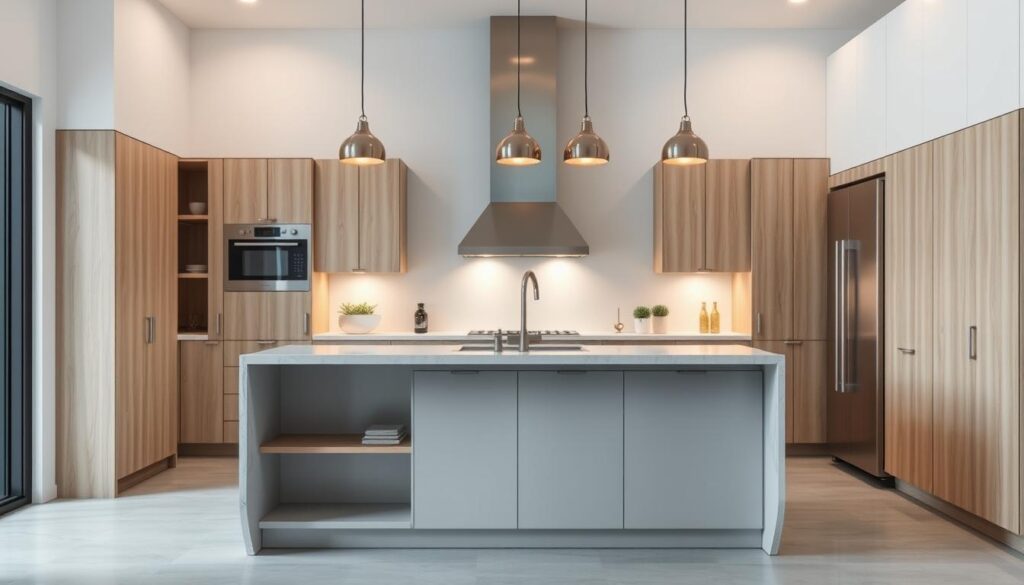 A sleek, modern small kitchen island with a minimalist, clean-lined design. The island has a smooth, quartz or marble countertop in a stylish gray or white hue, complementing the light-toned wood or white cabinetry. Minimalist pendant lights with a metallic finish hang above, casting a warm, ambient glow. The island is positioned in the center of the kitchen, surrounded by contemporary appliances and ample storage. The overall atmosphere is one of sophistication and functionality, showcasing the latest color and finish trends for a visually striking yet practical kitchen focal point. A sleek, modern small kitchen island with a minimalist, clean-lined design. The island has a smooth, quartz or marble countertop in a stylish gray or white hue, complementing the light-toned wood or white cabinetry. Minimalist pendant lights with a metallic finish hang above, casting a warm, ambient glow. The island is positioned in the center of the kitchen, surrounded by contemporary appliances and ample storage. The overall atmosphere is one of sophistication and functionality, showcasing the latest color and finish trends for a visually striking yet practical kitchen focal point.