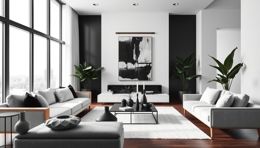 A sophisticated contemporary black and white living room, bathed in soft, diffused natural light filtering through large windows. Sleek, minimalist furniture with clean lines and a mix of textures - polished wood, plush velvet, and matte metal accents. Artfully arranged decorative objects like ceramic vases, sculptural candlesticks, and a striking abstract wall hanging create visual interest and depth. Pops of greenery from potted plants add a refreshing organic touch. The overall mood is one of understated elegance and timeless sophistication, inviting the viewer to linger and appreciate the carefully curated details.