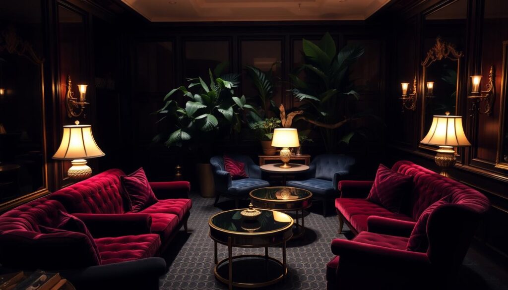 A sophisticated lounge with dark, moody ambiance. Plush velvet sofas in rich burgundy or navy blue, complemented by brass or glass accent tables. Warm, low-level lighting from antique-style floor lamps and sconces, casting a soft glow. Ornate, high-backed chairs in the corner, upholstered in deep jewel tones. Lush, oversized potted plants in the background, their shadows cascading across the walls. Hints of brass or copper metallic accents throughout, adding a touch of glamour. Overall, a refined, elegant space that encourages relaxation and conversation. A sophisticated lounge with dark, moody ambiance. Plush velvet sofas in rich burgundy or navy blue, complemented by brass or glass accent tables. Warm, low-level lighting from antique-style floor lamps and sconces, casting a soft glow. Ornate, high-backed chairs in the corner, upholstered in deep jewel tones. Lush, oversized potted plants in the background, their shadows cascading across the walls. Hints of brass or copper metallic accents throughout, adding a touch of glamour. Overall, a refined, elegant space that encourages relaxation and conversation.