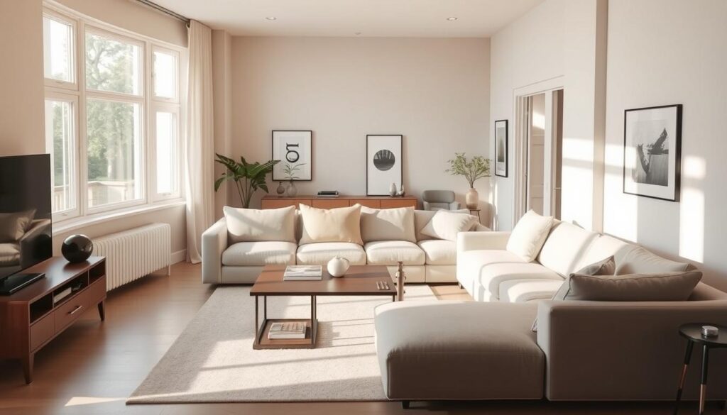 A spacious and inviting living room with a versatile layout that seamlessly blends functionality and style. Soft, natural lighting filters through large windows, casting a warm glow on the refined, minimalist furnishings. A modular sofa anchors the space, its clean lines and plush upholstery inviting relaxation. Nearby, a sleek, multifunctional coffee table doubles as a workspace, its surface accented by a collection of artful decorative objects. In the corner, a cozy reading nook with a comfortable armchair and a small side table creates a intimate, personalized area. The overall atmosphere exudes a sense of harmony and balance, where form and function come together to create a truly inspiring and multifunctional living space. A spacious and inviting living room with a versatile layout that seamlessly blends functionality and style. Soft, natural lighting filters through large windows, casting a warm glow on the refined, minimalist furnishings. A modular sofa anchors the space, its clean lines and plush upholstery inviting relaxation. Nearby, a sleek, multifunctional coffee table doubles as a workspace, its surface accented by a collection of artful decorative objects. In the corner, a cozy reading nook with a comfortable armchair and a small side table creates a intimate, personalized area. The overall atmosphere exudes a sense of harmony and balance, where form and function come together to create a truly inspiring and multifunctional living space.