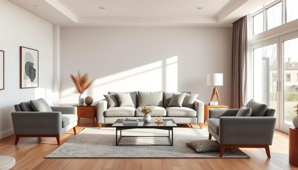 A spacious and visually lightweight modern living room with a plush gray sofa as the focal point. The room is bathed in soft, natural lighting from large windows, creating a warm and inviting atmosphere. The furniture has clean lines and a minimalist aesthetic, with a sleek coffee table and accent chairs in complementary hues. Warm-toned wood accents and a neutral color palette lend an air of sophistication. The space is adorned with subtle, textural elements like a plush area rug and throw pillows, balancing the simple, uncluttered design. The overall impression is one of relaxed elegance, perfectly suited for a small living area. A spacious and visually lightweight modern living room with a plush gray sofa as the focal point. The room is bathed in soft, natural lighting from large windows, creating a warm and inviting atmosphere. The furniture has clean lines and a minimalist aesthetic, with a sleek coffee table and accent chairs in complementary hues. Warm-toned wood accents and a neutral color palette lend an air of sophistication. The space is adorned with subtle, textural elements like a plush area rug and throw pillows, balancing the simple, uncluttered design. The overall impression is one of relaxed elegance, perfectly suited for a small living area.