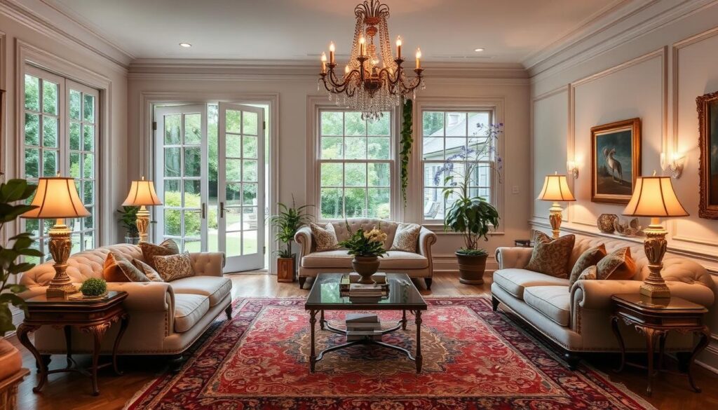 A spacious, elegant living room with French doors leading to a lush, verdant garden. Plush, tufted sofas upholstered in a neutral palette create a cozy yet refined atmosphere. Ornate, antique-inspired side tables and a grand, intricately patterned rug anchor the space. Soft, warm lighting from brass floor lamps and a crystal chandelier casts a tranquil glow, complementing the natural light filtering in from the garden. Potted plants and trailing vines infuse the room with a sense of organic, outdoor inspiration. Careful curation of traditional and contemporary elements results in a harmonious, timeless design.