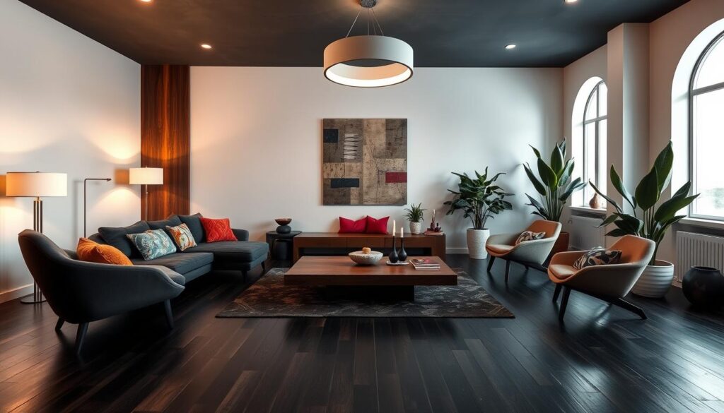 A spacious, modern living room with a striking dark hardwood floor. Soft, ambient lighting from corner lamps and a large, minimalist pendant overhead create a cozy, intimate atmosphere. The room is filled with a collection of unique, contemporary furniture pieces - a low, L-shaped sofa in a rich, charcoal fabric, a pair of sculptural armchairs, and a sleek, wooden coffee table. Subtle pops of color come from vibrant throw pillows and a large, abstract wall hanging. Tall, lush plants in the corners add a touch of nature. The room is captured from a slightly elevated angle, emphasizing the scale and depth of the space. A spacious, modern living room with a striking dark hardwood floor. Soft, ambient lighting from corner lamps and a large, minimalist pendant overhead create a cozy, intimate atmosphere. The room is filled with a collection of unique, contemporary furniture pieces - a low, L-shaped sofa in a rich, charcoal fabric, a pair of sculptural armchairs, and a sleek, wooden coffee table. Subtle pops of color come from vibrant throw pillows and a large, abstract wall hanging. Tall, lush plants in the corners add a touch of nature. The room is captured from a slightly elevated angle, emphasizing the scale and depth of the space.