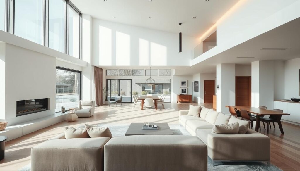 A spacious, open-concept living room with abundant natural light streaming through large, floor-to-ceiling windows. The room features a contemporary, minimalist design with clean lines and a neutral color palette of whites, grays, and warm wood tones. In the foreground, a plush, L-shaped sectional sofa is arranged around a low, square coffee table. Midground showcases a pair of comfortable armchairs and a sleek, wall-mounted fireplace. The background reveals a dining area with a modern, wooden table and chairs. Diffused, overhead lighting casts a soft, ambient glow, creating a warm and inviting atmosphere. The overall scene exudes a sense of open, airy sophistication. A spacious, open-concept living room with abundant natural light streaming through large, floor-to-ceiling windows. The room features a contemporary, minimalist design with clean lines and a neutral color palette of whites, grays, and warm wood tones. In the foreground, a plush, L-shaped sectional sofa is arranged around a low, square coffee table. Midground showcases a pair of comfortable armchairs and a sleek, wall-mounted fireplace. The background reveals a dining area with a modern, wooden table and chairs. Diffused, overhead lighting casts a soft, ambient glow, creating a warm and inviting atmosphere. The overall scene exudes a sense of open, airy sophistication.