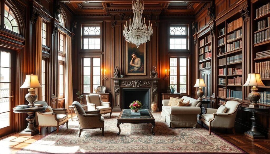 A stately traditional living room with ornate architectural features. Cozy armchairs and a plush sofa sit atop a patterned area rug, framed by a grand fireplace mantel with intricate carvings. Tall windows allow natural light to pour in, casting a warm glow across the room. Bookcases line the walls, filled with leather-bound tomes. Antique lamps and a crystal chandelier illuminate the space, creating a refined and inviting ambiance. Subtle textures like velvet and oak add depth, while classical artwork and decorative accents evoke a timeless elegance.