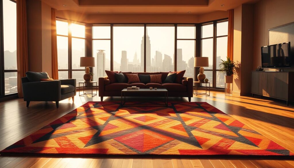 A striking, modern living room with a bold, eye-catching floor treatment. The space is bathed in warm, golden light, creating a cozy, inviting atmosphere. In the foreground, a vibrant, geometric patterned area rug covers the hardwood floor, its vivid colors and sharp angles commanding attention. The middle ground features plush, jewel-toned furniture, including a deep-seated sofa and armchairs, complementing the rug's hues. Large windows in the background flood the room with natural light, framing a captivating cityscape view beyond. The overall design exudes a sense of sophistication and artistic flair, inspiring visitors to embrace bold, colorful choices in their own living spaces. A striking, modern living room with a bold, eye-catching floor treatment. The space is bathed in warm, golden light, creating a cozy, inviting atmosphere. In the foreground, a vibrant, geometric patterned area rug covers the hardwood floor, its vivid colors and sharp angles commanding attention. The middle ground features plush, jewel-toned furniture, including a deep-seated sofa and armchairs, complementing the rug's hues. Large windows in the background flood the room with natural light, framing a captivating cityscape view beyond. The overall design exudes a sense of sophistication and artistic flair, inspiring visitors to embrace bold, colorful choices in their own living spaces.