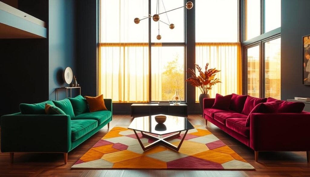 A stunning, modern living room with bold, vibrant colors. The room is bathed in warm, natural light from large, floor-to-ceiling windows. In the foreground, plush, jewel-toned velvet sofas in emerald green and deep burgundy create a cozy, inviting seating area. Complementing the rich colors, a geometric-patterned rug in shades of mustard and ochre covers the hardwood floor. On the middle ground, a sleek, angular coffee table with a glass top reflects the light, adding a touch of elegance. The walls are painted in a rich, saturated shade of indigo, creating a striking backdrop for the vibrant accents. Minimalist, metallic light fixtures hang from the ceiling, casting a warm, atmospheric glow throughout the space. A stunning, modern living room with bold, vibrant colors. The room is bathed in warm, natural light from large, floor-to-ceiling windows. In the foreground, plush, jewel-toned velvet sofas in emerald green and deep burgundy create a cozy, inviting seating area. Complementing the rich colors, a geometric-patterned rug in shades of mustard and ochre covers the hardwood floor. On the middle ground, a sleek, angular coffee table with a glass top reflects the light, adding a touch of elegance. The walls are painted in a rich, saturated shade of indigo, creating a striking backdrop for the vibrant accents. Minimalist, metallic light fixtures hang from the ceiling, casting a warm, atmospheric glow throughout the space.