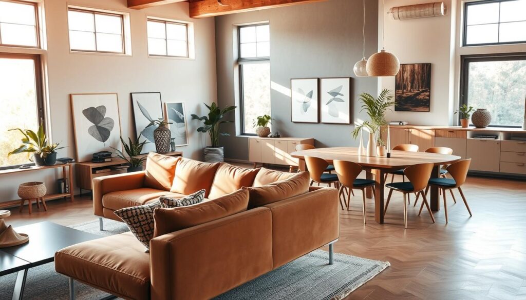 A stylish and cohesive living room and dining room combo, bathed in warm, natural light filtering through large windows. In the foreground, a plush, modern sectional sofa in a rich, earthy tone anchors the living area, complemented by a sleek, minimalist coffee table and a pair of sophisticated armchairs. The dining space features a contemporary, wooden table with clean lines, surrounded by mid-century inspired dining chairs. Artwork, plants, and tactile, textured accessories add depth and personality to the space. The overall aesthetic blends elements of Scandinavian and industrial design, creating a harmonious and inviting atmosphere. A stylish and cohesive living room and dining room combo, bathed in warm, natural light filtering through large windows. In the foreground, a plush, modern sectional sofa in a rich, earthy tone anchors the living area, complemented by a sleek, minimalist coffee table and a pair of sophisticated armchairs. The dining space features a contemporary, wooden table with clean lines, surrounded by mid-century inspired dining chairs. Artwork, plants, and tactile, textured accessories add depth and personality to the space. The overall aesthetic blends elements of Scandinavian and industrial design, creating a harmonious and inviting atmosphere.