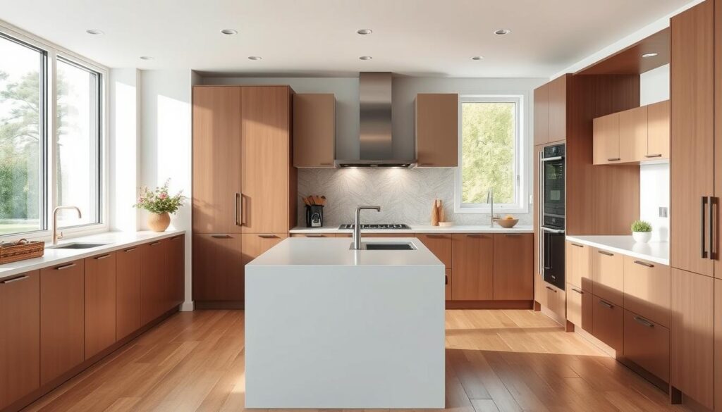 A stylish and functional compact kitchen showcasing a minimalist island design. The foreground features a sleek, streamlined island with a clean white countertop and integrated storage. Surrounding the island are modern, handleless cabinets in a warm, muted color palette, creating a cohesive and visually appealing space. The middle ground highlights a well-lit cooking area with task lighting and stainless steel appliances, while the background features large windows allowing ample natural light to flood the room, creating a bright and airy atmosphere. The overall design is both practical and aesthetically pleasing, making the most of a small kitchen layout. A stylish and functional compact kitchen showcasing a minimalist island design. The foreground features a sleek, streamlined island with a clean white countertop and integrated storage. Surrounding the island are modern, handleless cabinets in a warm, muted color palette, creating a cohesive and visually appealing space. The middle ground highlights a well-lit cooking area with task lighting and stainless steel appliances, while the background features large windows allowing ample natural light to flood the room, creating a bright and airy atmosphere. The overall design is both practical and aesthetically pleasing, making the most of a small kitchen layout.