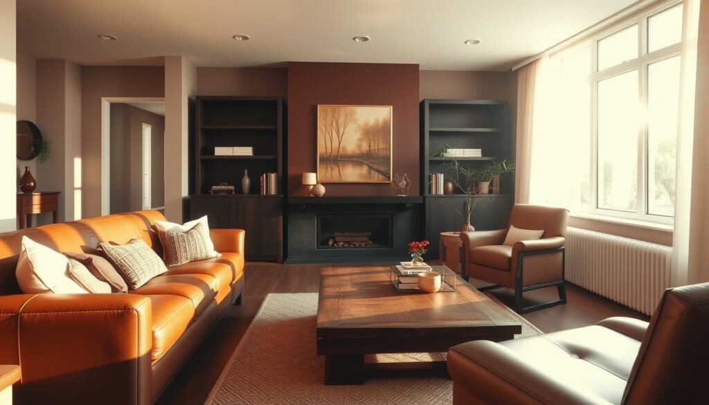 A stylish and inviting brown living room featuring a plush leather sofa, a rustic wooden coffee table, and a cozy armchair. The room is bathed in warm, natural light that filters through large windows, casting a soft glow on the furniture. Subtle textures, such as woven rugs and throw pillows, add depth and visual interest. The layout is well-balanced, with the furniture arranged in a conversational grouping that encourages relaxation and conversation. The overall atmosphere is one of refined sophistication and comfort, perfectly capturing the essence of a contemporary brown living room.