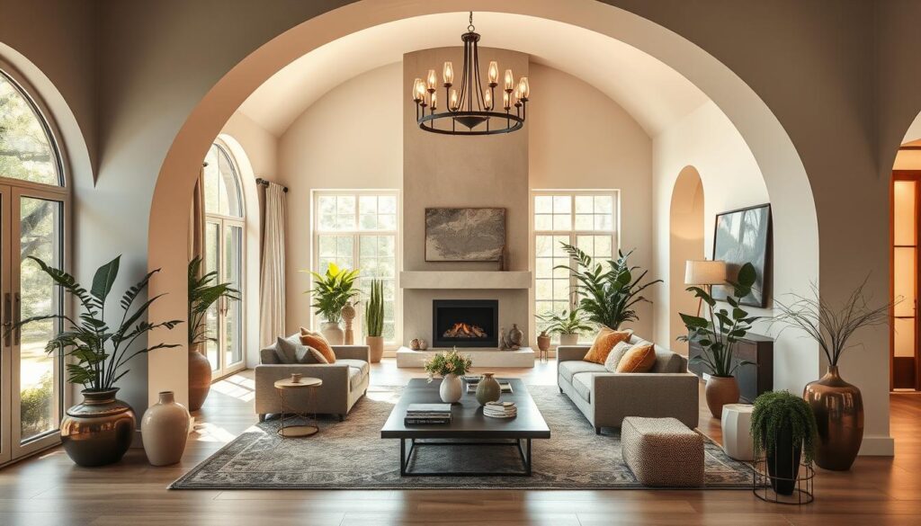 A stylish living room with an elegant arched entryway, bathed in warm natural light filtering through large windows. The arch's curves elegantly frame the space, leading the eye to a cozy seating area arranged around a modern fireplace. Decorative vases, lush potted plants, and plush textiles create a refined, inviting ambiance. The room's neutral color palette is accented by touches of metallic and wood tones, exuding a sense of timeless sophistication. A mid-century modern chandelier casts a soft glow, complementing the room's sophisticated, yet relaxed atmosphere. A stylish living room with an elegant arched entryway, bathed in warm natural light filtering through large windows. The arch's curves elegantly frame the space, leading the eye to a cozy seating area arranged around a modern fireplace. Decorative vases, lush potted plants, and plush textiles create a refined, inviting ambiance. The room's neutral color palette is accented by touches of metallic and wood tones, exuding a sense of timeless sophistication. A mid-century modern chandelier casts a soft glow, complementing the room's sophisticated, yet relaxed atmosphere.