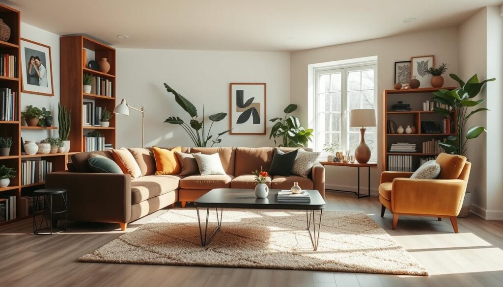 A sun-drenched living room with a cozy brown couch as the centerpiece. Decorative throw pillows in earthy tones adorn the sofa, complemented by a plush area rug in a geometric pattern. Bookshelves line the walls, adorned with framed artwork, plants, and decorative objects that add pops of color and texture. A large window filters in natural light, casting a warm glow across the space. The room is finished with a sleek, minimalist coffee table and a pair of armchairs that invite relaxation. The overall atmosphere is one of welcoming comfort and stylish sophistication.
