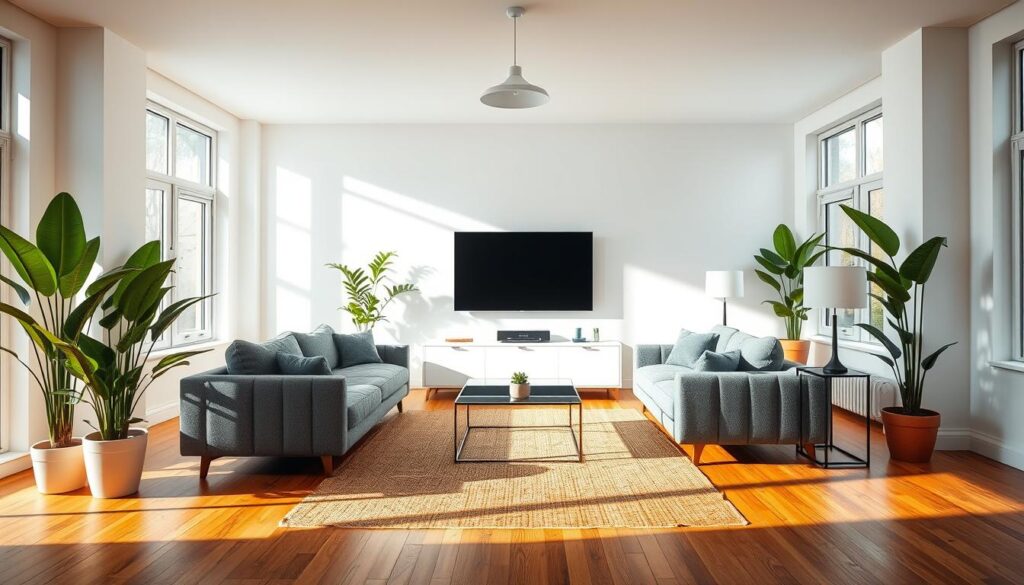 A sun-drenched open concept living room with a focal point TV mounted on a sleek, minimalist white wall. Plush gray sectional sofa faces the TV, with a modern glass-topped coffee table in the foreground. Tall potted plants in the corners and a woven area rug define the space. Warm hardwood floors and large windows flanking the TV create an airy, relaxing atmosphere. Subtle pendant lighting above casts a soft glow, while a pair of contemporary side tables and lamps add gentle illumination. The overall design is clean, uncluttered, and inviting - perfect for a small space living room. A sun-drenched open concept living room with a focal point TV mounted on a sleek, minimalist white wall. Plush gray sectional sofa faces the TV, with a modern glass-topped coffee table in the foreground. Tall potted plants in the corners and a woven area rug define the space. Warm hardwood floors and large windows flanking the TV create an airy, relaxing atmosphere. Subtle pendant lighting above casts a soft glow, while a pair of contemporary side tables and lamps add gentle illumination. The overall design is clean, uncluttered, and inviting - perfect for a small space living room.