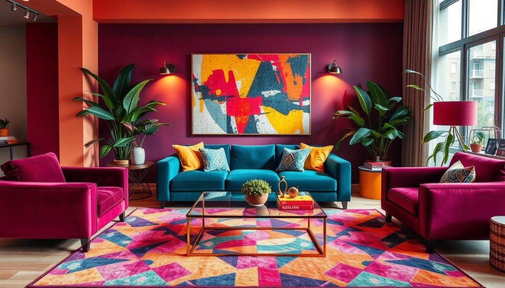 A vibrant and boldly designed living room, filled with a lively mix of colors and textures. In the foreground, a plush, velvety sofa in a rich, jewel-toned hue stands as the focal point, accompanied by a pair of matching armchairs. The middle ground features a sleek, modern coffee table with a glass top, complemented by a colorful, patterned area rug that adds a sense of energy to the space. The background showcases a feature wall adorned with an abstract, large-scale artwork, casting a warm, dramatic glow from strategically placed lighting fixtures. Lush, leafy plants and pops of accent colors, such as throw pillows and decorative elements, complete the visually striking and inviting scene. A vibrant and boldly designed living room, filled with a lively mix of colors and textures. In the foreground, a plush, velvety sofa in a rich, jewel-toned hue stands as the focal point, accompanied by a pair of matching armchairs. The middle ground features a sleek, modern coffee table with a glass top, complemented by a colorful, patterned area rug that adds a sense of energy to the space. The background showcases a feature wall adorned with an abstract, large-scale artwork, casting a warm, dramatic glow from strategically placed lighting fixtures. Lush, leafy plants and pops of accent colors, such as throw pillows and decorative elements, complete the visually striking and inviting scene.