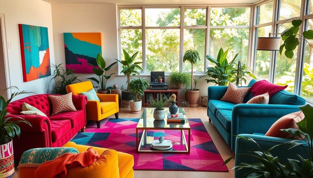 A vibrant and eclectic living room, bathed in natural light. The foreground features an assortment of plush, boldly-colored furniture - a deep red chesterfield sofa, a mustard yellow armchair, and a teal velvet loveseat. Scattered throughout are decorative elements that play with contrasting hues: a geometric patterned rug in shades of turquoise and fuchsia, a trio of abstract art canvases in clashing primary colors, and a sleek, metallic coffee table that reflects the kaleidoscope of hues. The mid-ground showcases lush indoor plants, their verdant foliage complementing the rich, saturated tones. The background reveals a large window overlooking a verdant, sun-dappled garden, further enhancing the vibrant, nature-inspired palette. The overall scene conveys a sense of playful, eclectic charm and a harmonious blend of contrasting colors. A vibrant and eclectic living room, bathed in natural light. The foreground features an assortment of plush, boldly-colored furniture - a deep red chesterfield sofa, a mustard yellow armchair, and a teal velvet loveseat. Scattered throughout are decorative elements that play with contrasting hues: a geometric patterned rug in shades of turquoise and fuchsia, a trio of abstract art canvases in clashing primary colors, and a sleek, metallic coffee table that reflects the kaleidoscope of hues. The mid-ground showcases lush indoor plants, their verdant foliage complementing the rich, saturated tones. The background reveals a large window overlooking a verdant, sun-dappled garden, further enhancing the vibrant, nature-inspired palette. The overall scene conveys a sense of playful, eclectic charm and a harmonious blend of contrasting colors.