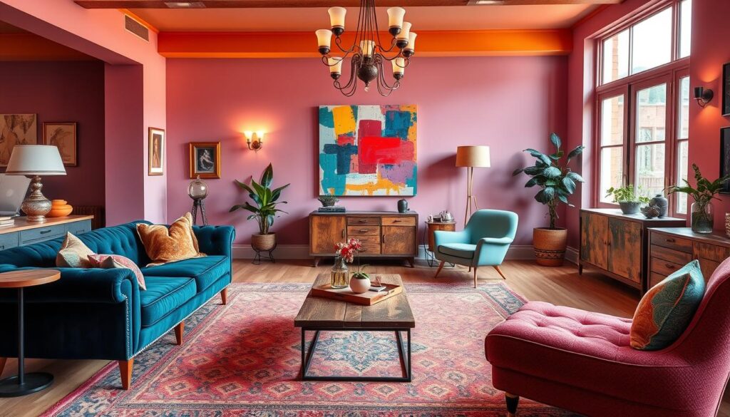 A vibrant and eclectic living room interior with a striking color palette. In the foreground, a plush, jewel-toned velvet sofa is complemented by a geometric patterned rug and an assortment of colorful throw pillows. Mid-ground features a mix of vintage and contemporary furniture, including a rustic wooden coffee table, a sleek mid-century armchair, and a vibrant abstract art piece on the wall. The background showcases large windows that flood the space with warm, natural light, creating a cozy and inviting atmosphere. Subtle lighting fixtures, such as a statement chandelier and sconces, add depth and ambiance to the room. The overall design is a harmonious blend of textures, patterns, and hues that inspire creativity and a joyful living experience. A vibrant and eclectic living room interior with a striking color palette. In the foreground, a plush, jewel-toned velvet sofa is complemented by a geometric patterned rug and an assortment of colorful throw pillows. Mid-ground features a mix of vintage and contemporary furniture, including a rustic wooden coffee table, a sleek mid-century armchair, and a vibrant abstract art piece on the wall. The background showcases large windows that flood the space with warm, natural light, creating a cozy and inviting atmosphere. Subtle lighting fixtures, such as a statement chandelier and sconces, add depth and ambiance to the room. The overall design is a harmonious blend of textures, patterns, and hues that inspire creativity and a joyful living experience.