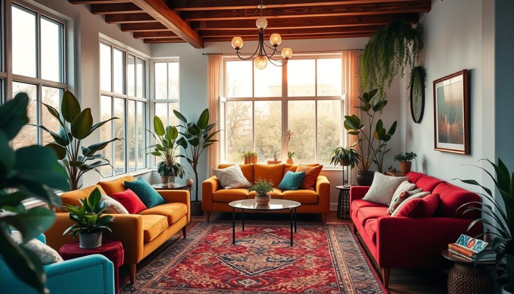A vibrant and inviting living room with an abundance of natural light streaming through large windows. Plush, colorful furniture in shades of turquoise, mustard, and deep crimson create a warm, cozy ambiance. Intricate patterned rugs and plush throw pillows add textural interest, while lush potted plants and framed artwork adorn the walls. The space is illuminated by a mid-century modern chandelier, casting a soft, golden glow throughout. The overall atmosphere is one of comfort, creativity, and a perfect balance of form and function. A vibrant and inviting living room with an abundance of natural light streaming through large windows. Plush, colorful furniture in shades of turquoise, mustard, and deep crimson create a warm, cozy ambiance. Intricate patterned rugs and plush throw pillows add textural interest, while lush potted plants and framed artwork adorn the walls. The space is illuminated by a mid-century modern chandelier, casting a soft, golden glow throughout. The overall atmosphere is one of comfort, creativity, and a perfect balance of form and function.