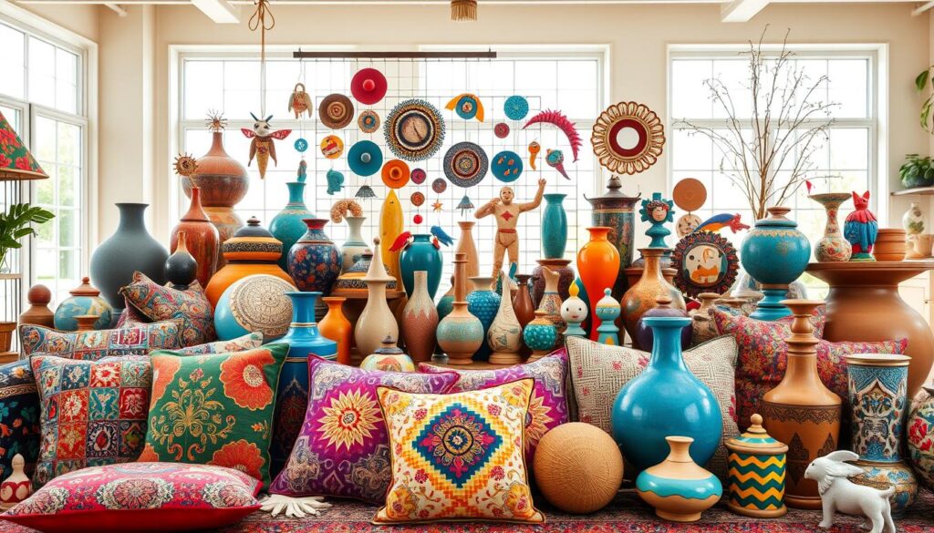 A vibrant and playful assortment of unique decor accents, arranged in an eye-catching display. In the foreground, an eclectic mix of colorful throw pillows, patterned rugs, and sculptural vases in a variety of shapes and textures. In the middle ground, a collection of artisanal ceramic trinkets, whimsical wall hangings, and playful figurines that add pops of color and personality. The background features a bright, airy space with warm, natural lighting filtering through large windows, creating a welcoming and inviting atmosphere. The overall scene exudes a sense of creativity, individuality, and a celebration of the unexpected. A vibrant and playful assortment of unique decor accents, arranged in an eye-catching display. In the foreground, an eclectic mix of colorful throw pillows, patterned rugs, and sculptural vases in a variety of shapes and textures. In the middle ground, a collection of artisanal ceramic trinkets, whimsical wall hangings, and playful figurines that add pops of color and personality. The background features a bright, airy space with warm, natural lighting filtering through large windows, creating a welcoming and inviting atmosphere. The overall scene exudes a sense of creativity, individuality, and a celebration of the unexpected.