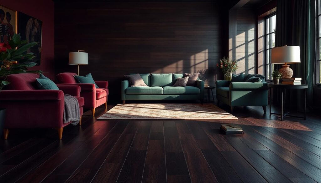 A vibrant array of hues set against a backdrop of rich, dark hardwood flooring. In the foreground, a captivating color palette unfolds, showcasing a harmonious blend of earthy tones - deep burgundy, charcoal gray, and forest green. Highlights of metallic accents, such as brass or copper, add a touch of opulence. The middle ground features plush textiles, including velvet upholstery and luxurious area rugs, further accentuating the luxurious ambiance. Soft, indirect lighting casts a warm glow, creating a cozy and inviting atmosphere. Shadows and highlights dance across the surfaces, adding depth and dimension to the overall composition. The resulting image exudes a sense of sophistication and elegance, perfectly capturing the essence of a dark floor living room color palette. A vibrant array of hues set against a backdrop of rich, dark hardwood flooring. In the foreground, a captivating color palette unfolds, showcasing a harmonious blend of earthy tones - deep burgundy, charcoal gray, and forest green. Highlights of metallic accents, such as brass or copper, add a touch of opulence. The middle ground features plush textiles, including velvet upholstery and luxurious area rugs, further accentuating the luxurious ambiance. Soft, indirect lighting casts a warm glow, creating a cozy and inviting atmosphere. Shadows and highlights dance across the surfaces, adding depth and dimension to the overall composition. The resulting image exudes a sense of sophistication and elegance, perfectly capturing the essence of a dark floor living room color palette.