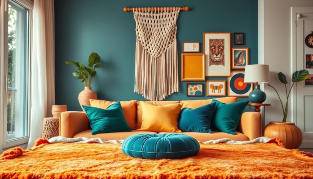 A vibrant, bohemian color palette unfurls across the canvas, capturing the essence of a cozy, chic boho living room. In the foreground, a soft, textured rug in earthy tones of terracotta and ochre anchors the scene, accented by plush, jewel-toned pillows in shades of emerald and sapphire. Midground, a macrame wall hanging in warm neutrals casts a relaxed, inviting ambiance, while in the background, a gallery wall of eclectic, vintage-inspired artwork in a mix of frames creates a visually striking focal point. Warm, diffused lighting bathes the space, evoking a sense of effortless elegance and carefree sophistication.