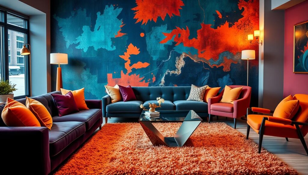 A vibrant living room with bold, saturated colors and rich textures. The foreground features a plush, jewel-toned velvet sofa and a shaggy, textured rug in a contrasting hue. Throw pillows in complementary tones and patterns add depth and visual interest. The middle ground showcases a modern, angular coffee table with a glass top, reflecting the vibrant colors. In the background, a feature wall displays a striking, abstract mural in a palette of deep blues, greens, and oranges, creating a dynamic and immersive atmosphere. Soft, warm lighting from floor lamps and sconces casts a cozy glow, balancing the bold, high-contrast color scheme. A vibrant living room with bold, saturated colors and rich textures. The foreground features a plush, jewel-toned velvet sofa and a shaggy, textured rug in a contrasting hue. Throw pillows in complementary tones and patterns add depth and visual interest. The middle ground showcases a modern, angular coffee table with a glass top, reflecting the vibrant colors. In the background, a feature wall displays a striking, abstract mural in a palette of deep blues, greens, and oranges, creating a dynamic and immersive atmosphere. Soft, warm lighting from floor lamps and sconces casts a cozy glow, balancing the bold, high-contrast color scheme.