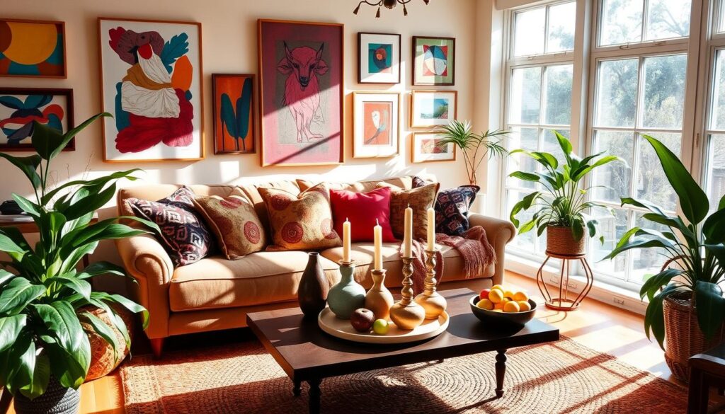A vibrant, sun-drenched living room with eclectic, bohemian-inspired decor. Plush, colorful throw pillows adorn a comfortable couch, complemented by a woven area rug in warm hues. Lush, verdant houseplants dot the space, casting soft shadows. On the coffee table, an artfully arranged display of decorative vases, candlesticks, and a bowl of fresh fruit. The room is illuminated by natural light streaming through large windows, creating a cozy, inviting atmosphere. Hanging on the walls, an array of framed abstract art in bold, saturated tones. The overall mood is one of cheerful, relaxed elegance. A vibrant, sun-drenched living room with eclectic, bohemian-inspired decor. Plush, colorful throw pillows adorn a comfortable couch, complemented by a woven area rug in warm hues. Lush, verdant houseplants dot the space, casting soft shadows. On the coffee table, an artfully arranged display of decorative vases, candlesticks, and a bowl of fresh fruit. The room is illuminated by natural light streaming through large windows, creating a cozy, inviting atmosphere. Hanging on the walls, an array of framed abstract art in bold, saturated tones. The overall mood is one of cheerful, relaxed elegance.