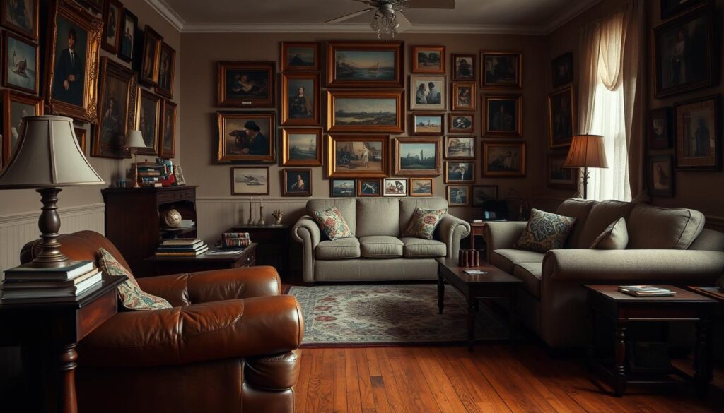 A vintage living room with a warm, inviting atmosphere. In the foreground, a well-worn but cozy leather armchair sits beside a mahogany end table, adorned with a vintage table lamp and a stack of classic books. In the middle ground, a plush, patterned area rug covers the hardwood floor, complemented by a matching sofa and loveseat. On the walls, a collection of framed oil paintings and vintage photographs create a gallery-like display, adding depth and character to the space. The lighting is soft and diffused, creating a intimate, nostalgic ambiance. The overall composition evokes a sense of timeless elegance and thoughtful curation, perfectly suited for a traditional living room design.