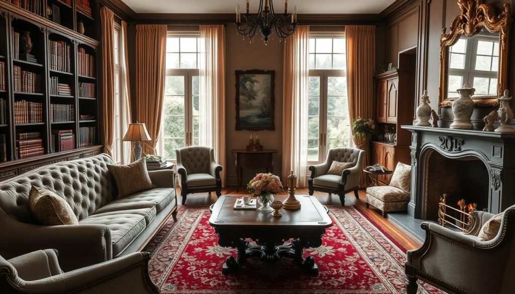 A well-appointed traditional living room with a refined and timeless elegance. Soft lighting filters through sheer curtains, casting a warm glow on the plush, tufted sofa and armchairs upholstered in rich, muted tones. A ornate, carved wood coffee table sits atop an intricately patterned area rug, surrounded by bookshelves filled with leather-bound volumes. The mantelpiece displays delicate porcelain figurines and a gilded mirror reflects the flickering flames of a crackling fireplace. Tall windows offer glimpses of lush, manicured gardens beyond, creating a serene and tranquil ambiance.