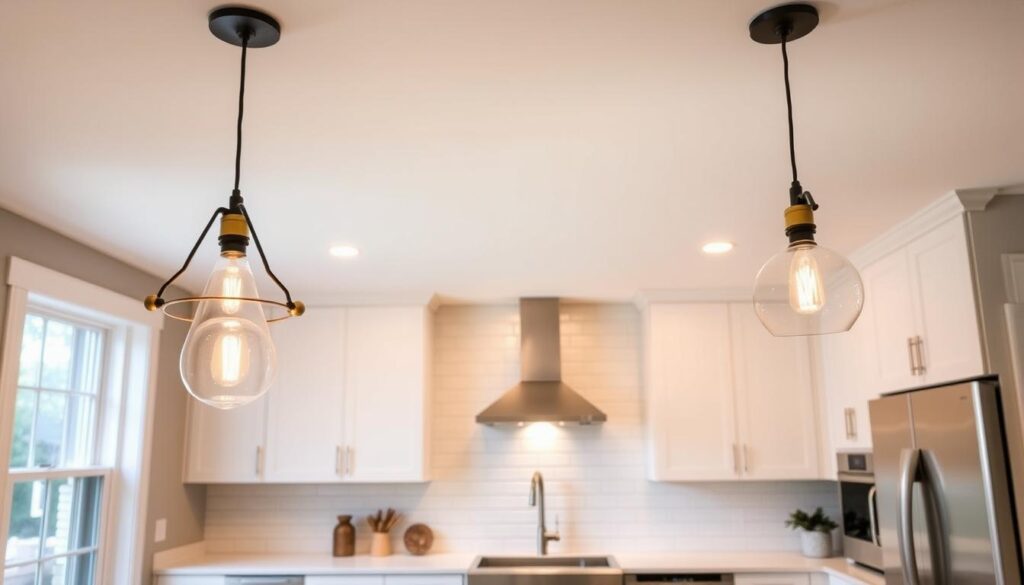 A well-lit DIY kitchen renovation with stylish lighting fixtures that create a warm, inviting atmosphere. In the foreground, modern pendant lights with adjustable arms and brass accents hang above a sleek kitchen island. In the middle ground, recessed ceiling lights illuminate the white subway tile backsplash and quartz countertops. In the background, a large window allows natural light to flood the space, complementing the soft glow of the lighting fixtures. The overall scene conveys a sense of functionality, sophistication, and personalized touch, perfect for a small kitchen remodel. A well-lit DIY kitchen renovation with stylish lighting fixtures that create a warm, inviting atmosphere. In the foreground, modern pendant lights with adjustable arms and brass accents hang above a sleek kitchen island. In the middle ground, recessed ceiling lights illuminate the white subway tile backsplash and quartz countertops. In the background, a large window allows natural light to flood the space, complementing the soft glow of the lighting fixtures. The overall scene conveys a sense of functionality, sophistication, and personalized touch, perfect for a small kitchen remodel.