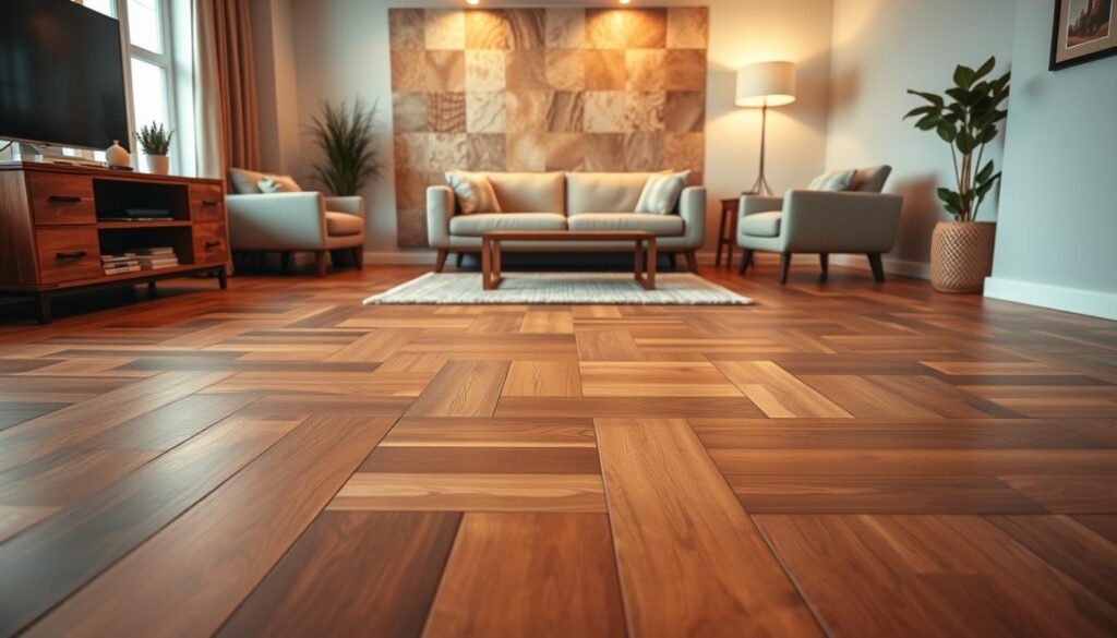 A well-lit, contemporary living room with various brown flooring options artfully displayed. The foreground showcases a range of wood tones, from rich mahogany to warm oak, arranged in a visually pleasing pattern. The middle ground features a selection of textured tiles, including smooth terracotta and subtly patterned ceramic. In the background, a soft, natural-fiber rug completes the cohesive brown palette, creating a cozy and inviting atmosphere. The lighting is warm and diffused, highlighting the natural beauty of the materials and lending a sense of timeless elegance to the scene.