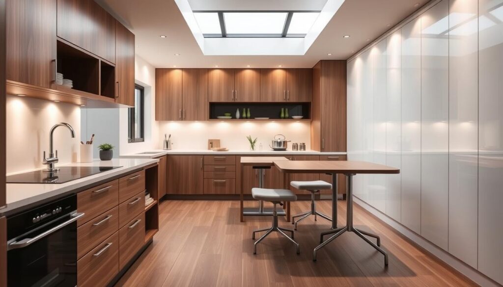 A well-lit kitchen interior with a sleek, modern design. In the foreground, a multi-functional kitchen island showcases a variety of integrated storage solutions, including drawers, shelves, and a built-in stovetop. The middle ground features a compact dining table with a minimalist, space-saving design, accompanied by a pair of adjustable stools that can be tucked away when not in use. The background showcases a clean, white backsplash and cabinets, creating a sense of openness and maximizing the available space. The scene is illuminated by a combination of natural light from large windows and subtle, recessed lighting, giving the room a warm, inviting atmosphere. A well-lit kitchen interior with a sleek, modern design. In the foreground, a multi-functional kitchen island showcases a variety of integrated storage solutions, including drawers, shelves, and a built-in stovetop. The middle ground features a compact dining table with a minimalist, space-saving design, accompanied by a pair of adjustable stools that can be tucked away when not in use. The background showcases a clean, white backsplash and cabinets, creating a sense of openness and maximizing the available space. The scene is illuminated by a combination of natural light from large windows and subtle, recessed lighting, giving the room a warm, inviting atmosphere.