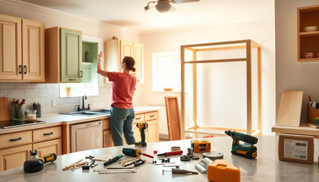 A well-lit kitchen with a DIY cabinet renovation project in progress. In the foreground, a person in a casual outfit applies a fresh coat of paint to the cabinet doors, creating a vibrant, cheerful color. The middle ground features various DIY tools and hardware scattered on the countertop, suggesting a hands-on, budget-friendly approach. In the background, a partially completed cabinet frame stands, showcasing the transformation from old to new. The scene is bathed in warm, natural lighting, conveying a sense of accomplishment and the joy of a successful home improvement project. A well-lit kitchen with a DIY cabinet renovation project in progress. In the foreground, a person in a casual outfit applies a fresh coat of paint to the cabinet doors, creating a vibrant, cheerful color. The middle ground features various DIY tools and hardware scattered on the countertop, suggesting a hands-on, budget-friendly approach. In the background, a partially completed cabinet frame stands, showcasing the transformation from old to new. The scene is bathed in warm, natural lighting, conveying a sense of accomplishment and the joy of a successful home improvement project.