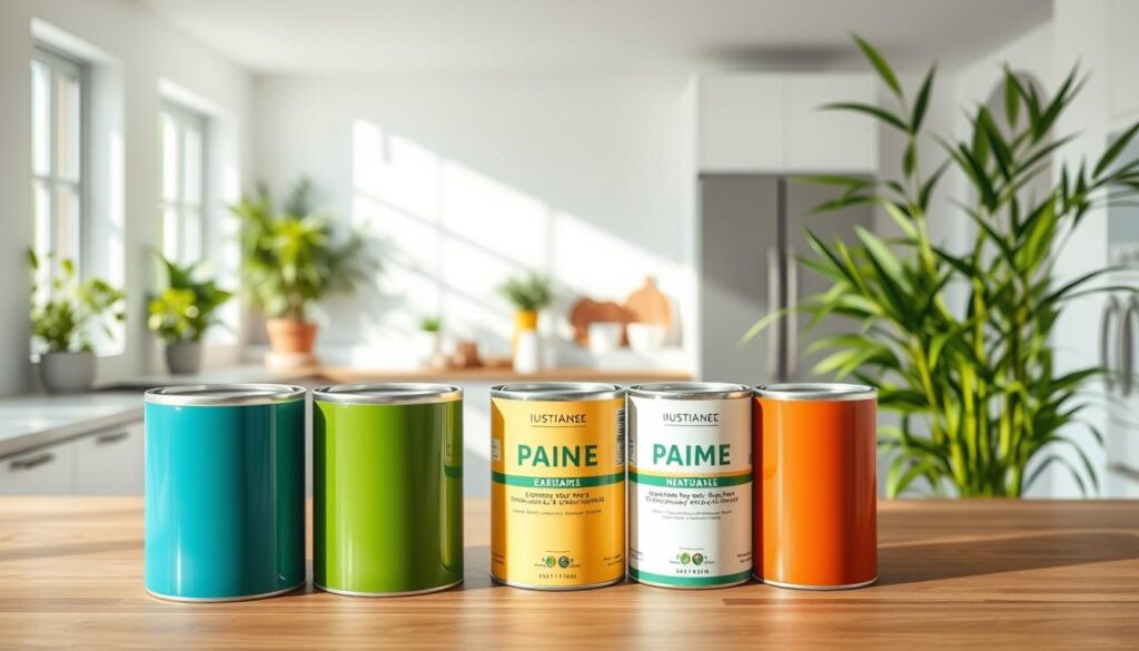 A well-lit, modern kitchen interior with a focus on various eco-friendly paint options. In the foreground, an array of natural, sustainable paint cans in vibrant, earthy tones are neatly arranged on a sleek, wooden countertop. The middle ground features a bright, airy room with minimalist white walls, large windows, and natural light streaming in. In the background, lush, green potted plants and a bamboo plant accent the scene, creating a calming, nature-inspired atmosphere. The overall composition conveys a sense of environmental consciousness and a harmonious blend of color, texture, and sustainable design. A well-lit, modern kitchen interior with a focus on various eco-friendly paint options. In the foreground, an array of natural, sustainable paint cans in vibrant, earthy tones are neatly arranged on a sleek, wooden countertop. The middle ground features a bright, airy room with minimalist white walls, large windows, and natural light streaming in. In the background, lush, green potted plants and a bamboo plant accent the scene, creating a calming, nature-inspired atmosphere. The overall composition conveys a sense of environmental consciousness and a harmonious blend of color, texture, and sustainable design.